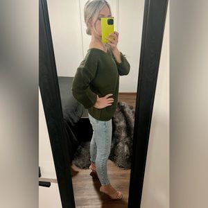 Dark Green, Oversized, Off-the-Shoulder, Ribbed-knit Sweater